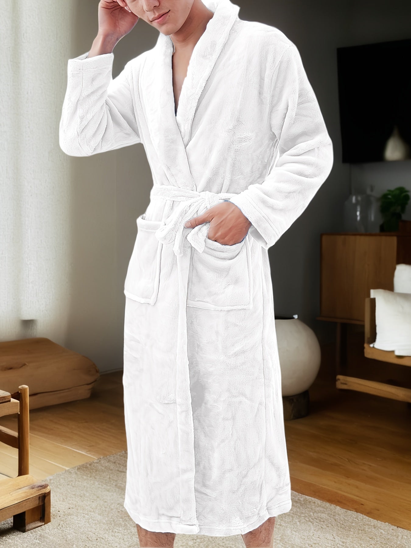 Men's White Fleece Bathrobe with Pockets V-Neck Long Sleeves Belted Kimono Style for Home Spa