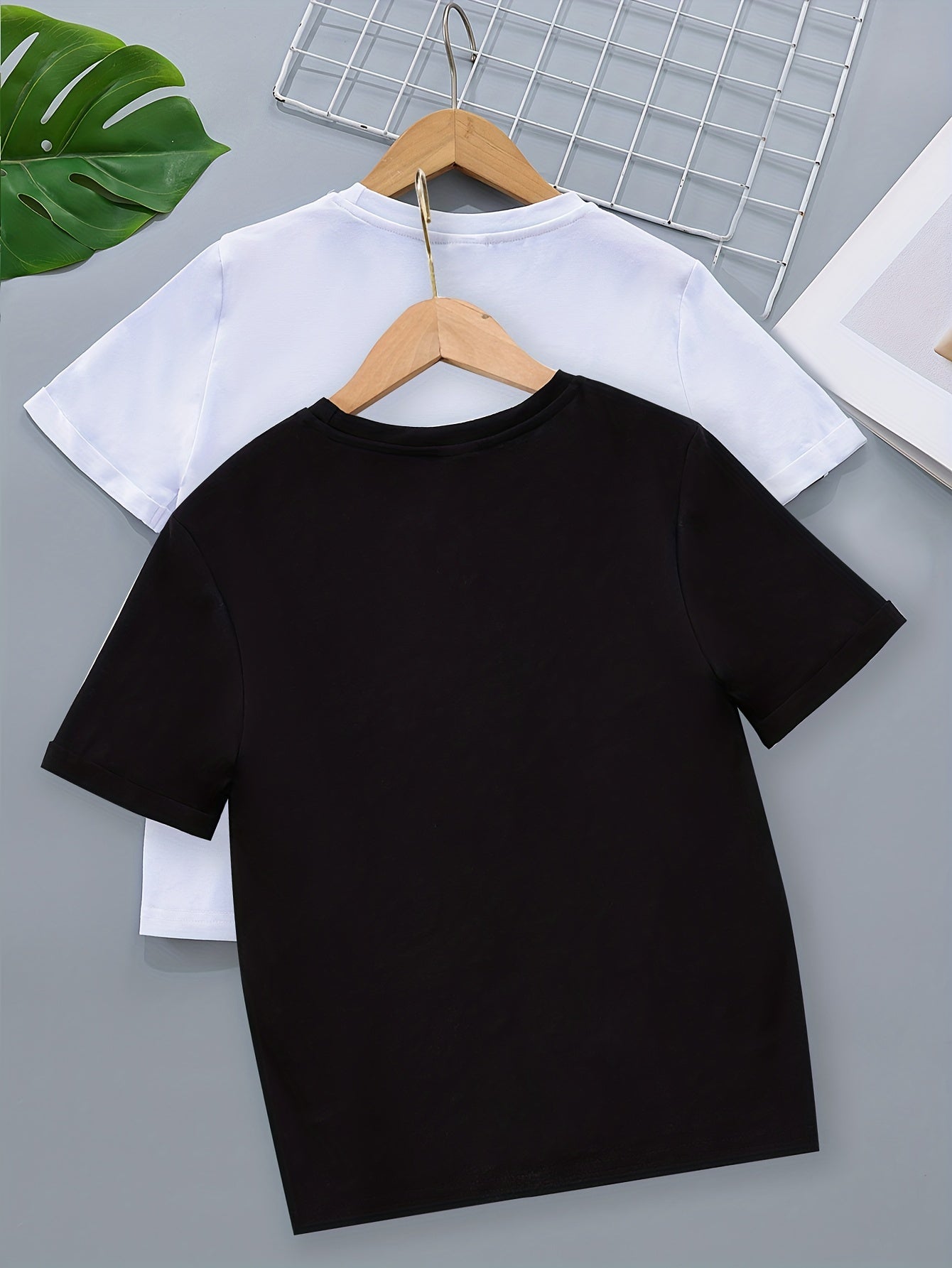 Boys Summer Short Sleeve T-Shirts Black White Crew Neck Casual Knit Fabric