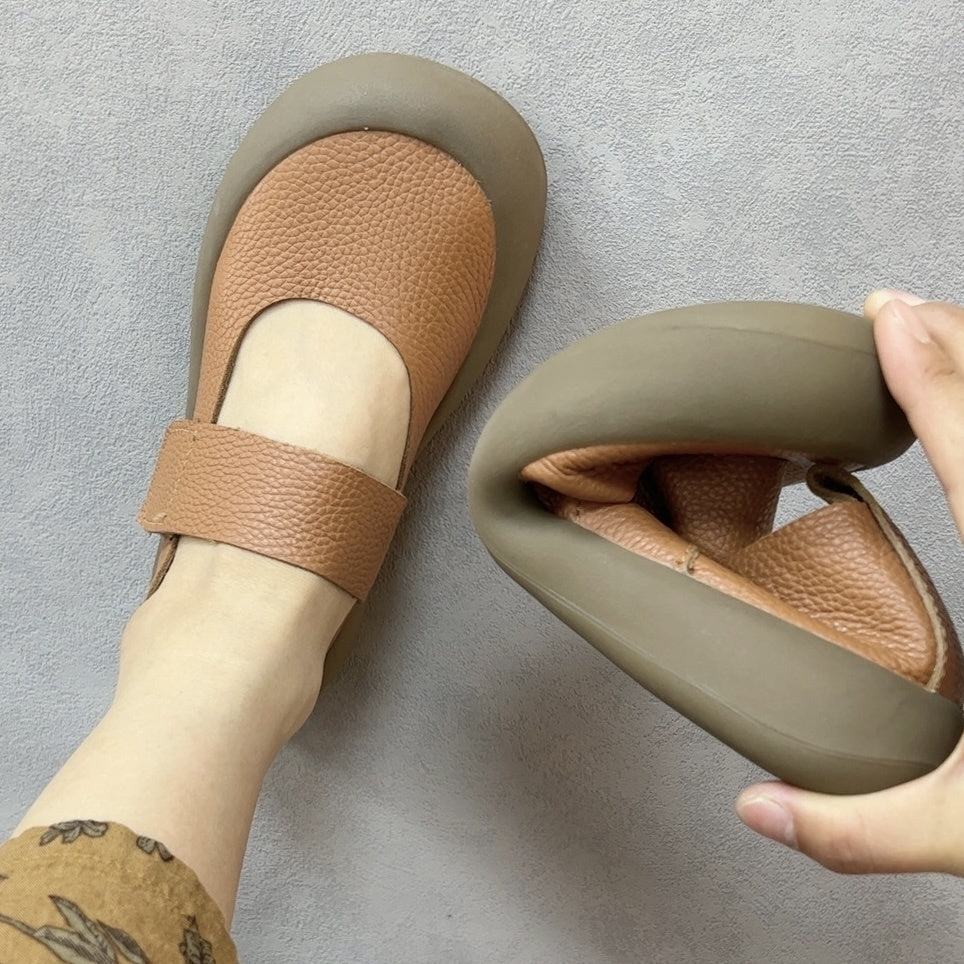 Women Leather Flat Shoes Breathable Slip-On Casual Brown All-Season