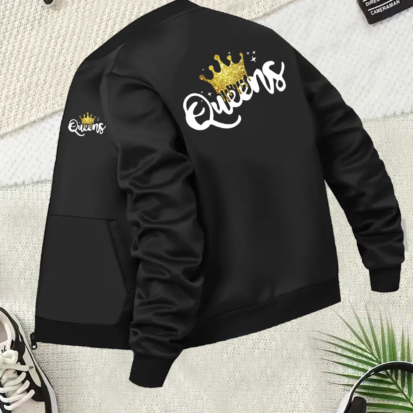 Chaqueta casual de tamaño grande para mujer con cuello de béisbol, manga larga, cierre de cremallera y letras doradas