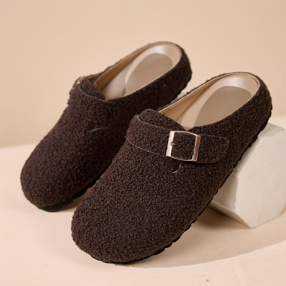 Women's Plush Mule Slippers with Adjustable Buckle Non-Slip Sole Indoor Outdoor