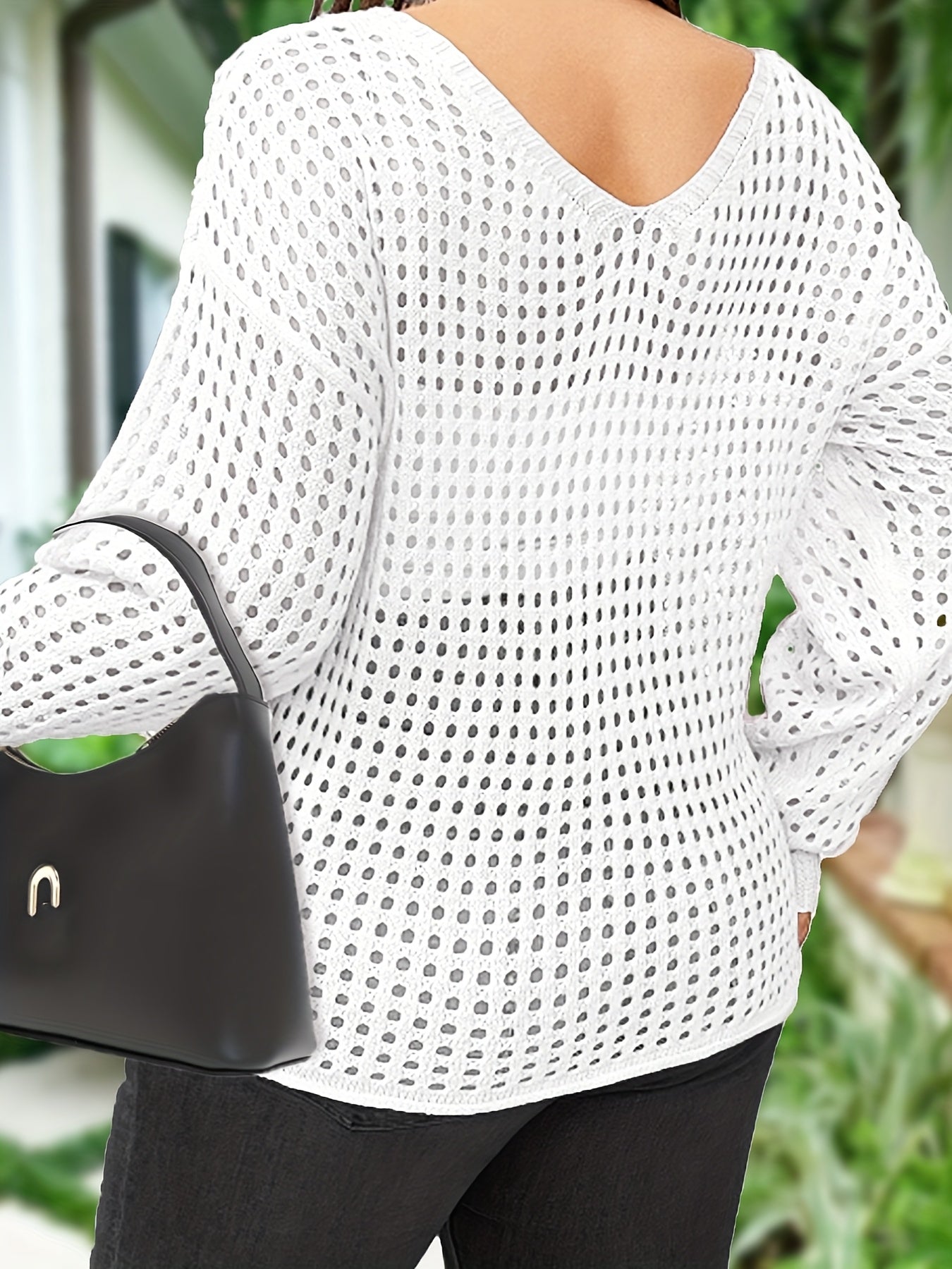 Suéter de punto con escote en V para mujer talla grande con lazo y tela elástica