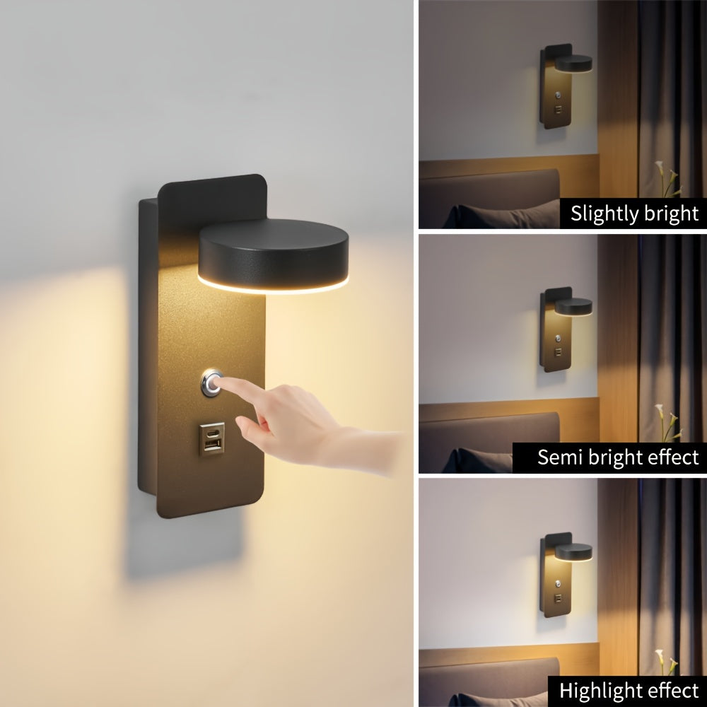 Wall-Mounted LED Reading Lamp with Dimming Switch USB Port 350° Rotatable Touch Control