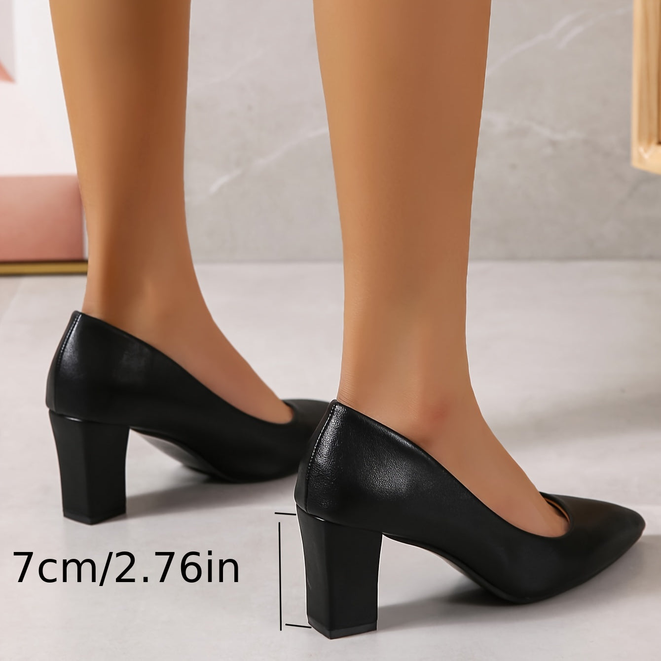 Women's Black Pointed-Toe Pumps with Chunky Heel for All-Season Wear