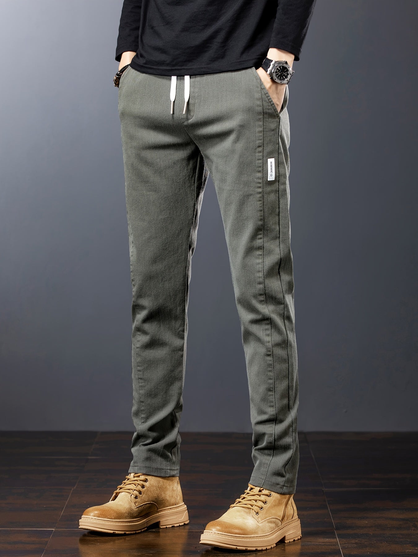 Men's Slim-Fit Solid Color Stretch Cotton Pants Mid-Rise Casual for Daily Wear