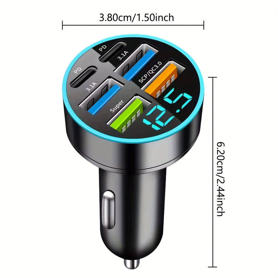 Car USB C Charger 250W, 6 Ports, Fast Charging, Digital Display