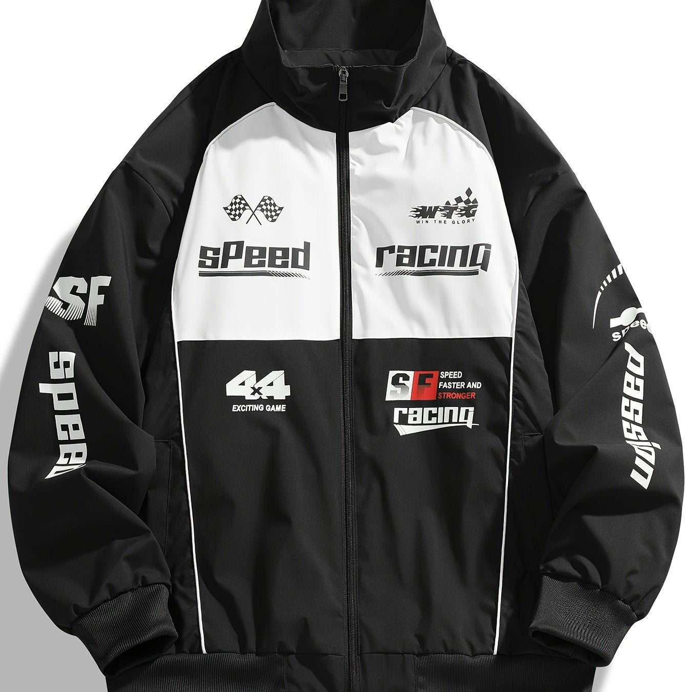 Men's Polyester Bomber Jacket with Zipper Stand Collar Long Sleeves Letter Print Casual