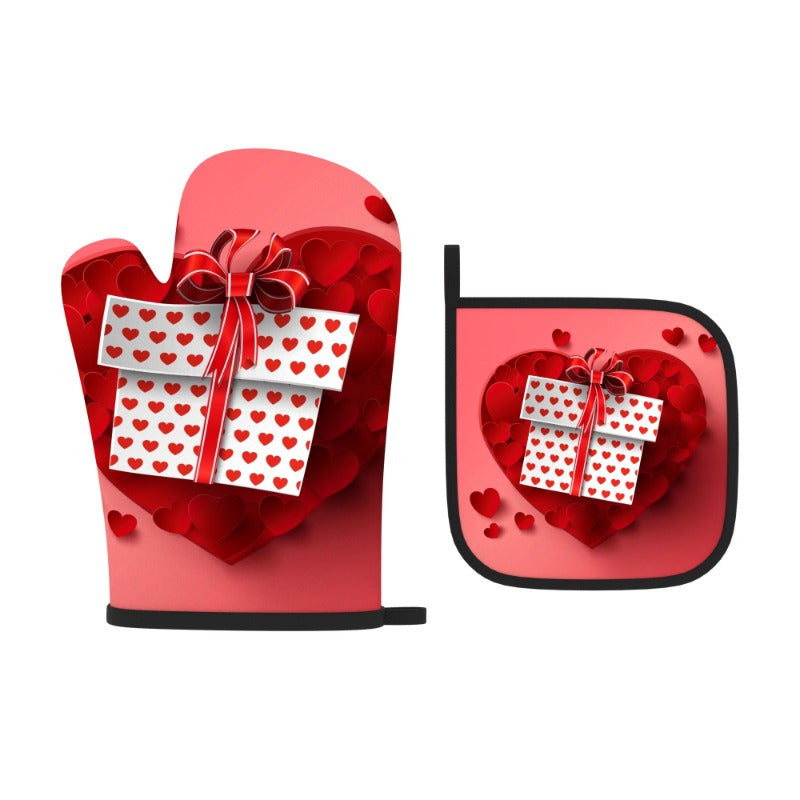 Valentine's Day Oven Mitts and Pot Holders Set Heat-Resistant Red Black Kitchen Decor