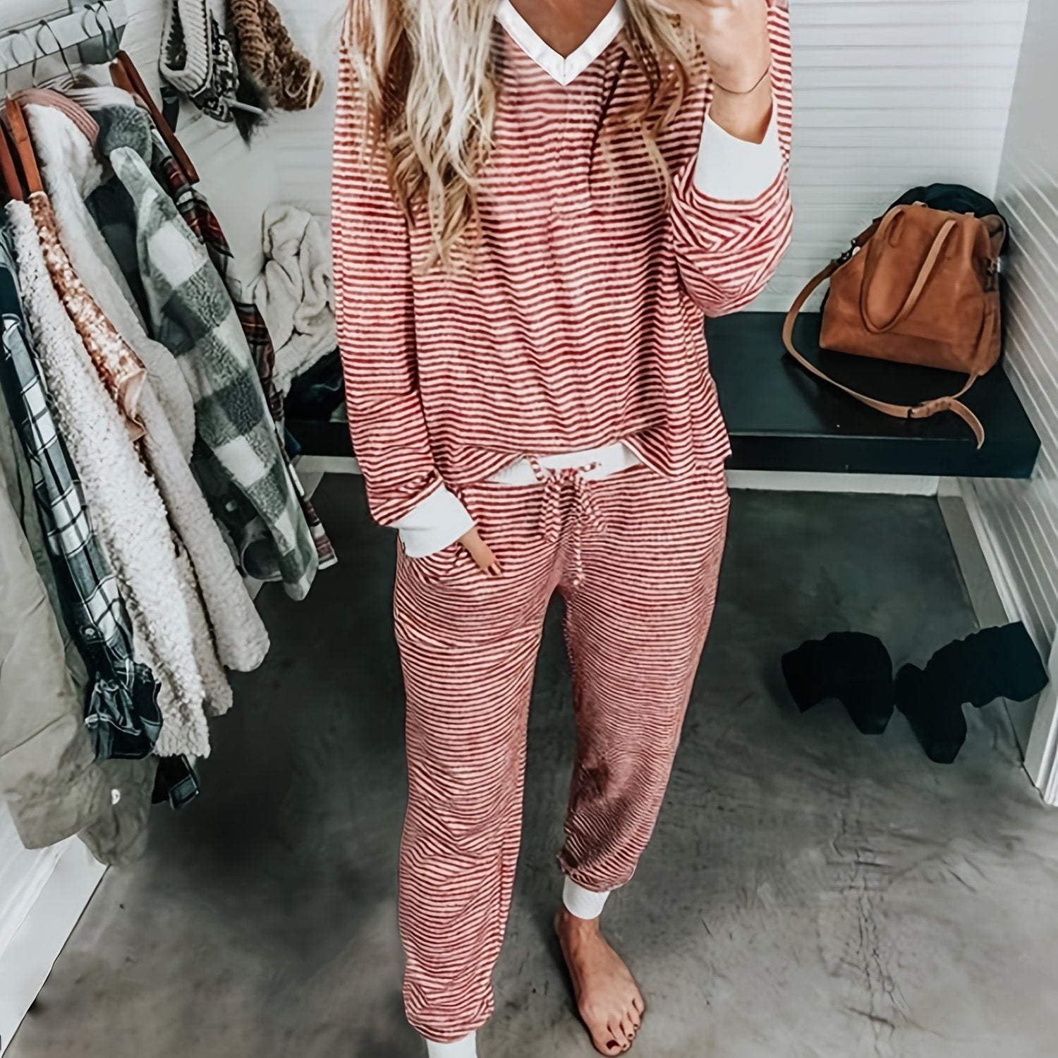 Adult Striped V-Neck Knit Loungewear Set with Long Sleeves and Pants