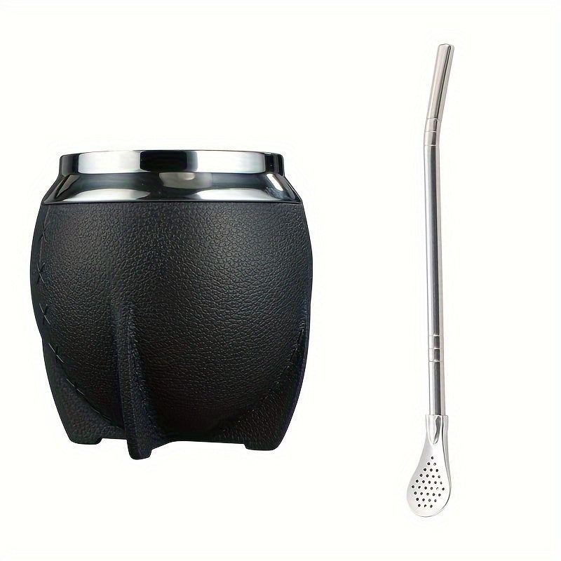 280ml Stainless Steel Yerba Mate Cup with Leather Strap and Double Wall Design