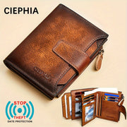 Men's Genuine Leather Wallet RFID Blocking Zipper Coin Pocket Vintage Dark Brown