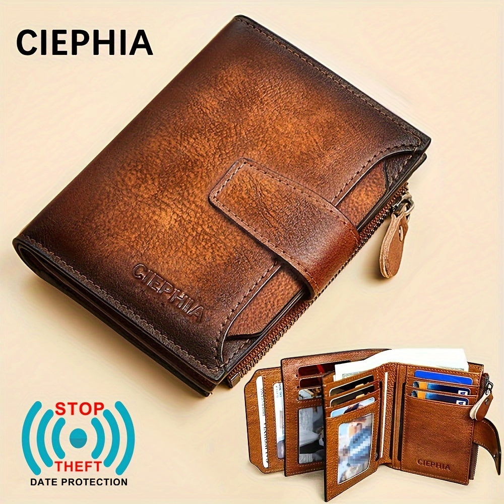 Men's Genuine Leather Wallet RFID Blocking Zipper Coin Pocket Vintage Dark Brown