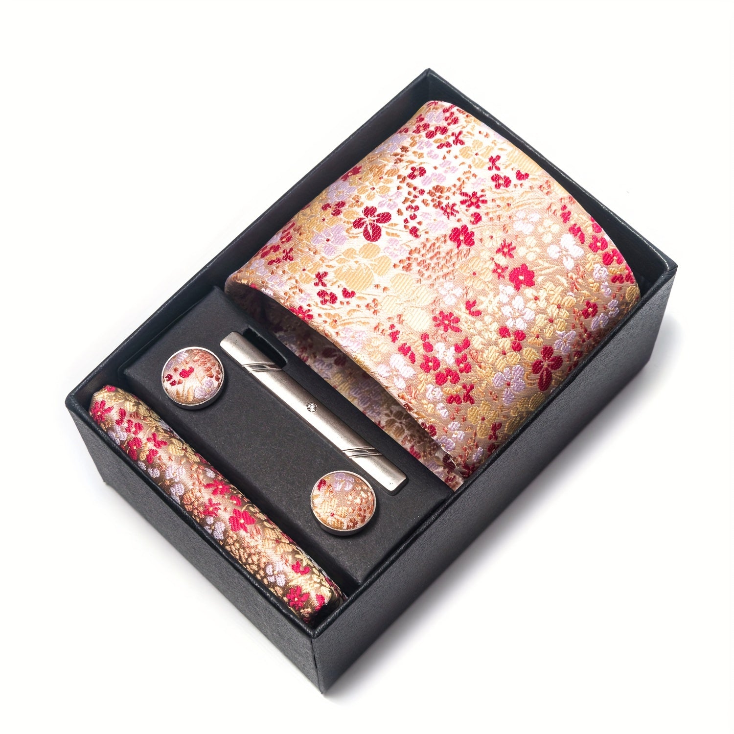 Erkaklar uchun gullar bilan bezatilgan galstuk va manşetkalar to'plami rasmiy tadbirlar, ofis kiyimi va bayramlar uchun