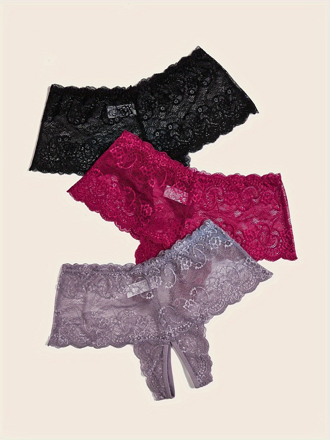 Женские трусы больших размеров с цветочным кружевом, открытым промежностью, на среднем поясе, 3 шт.