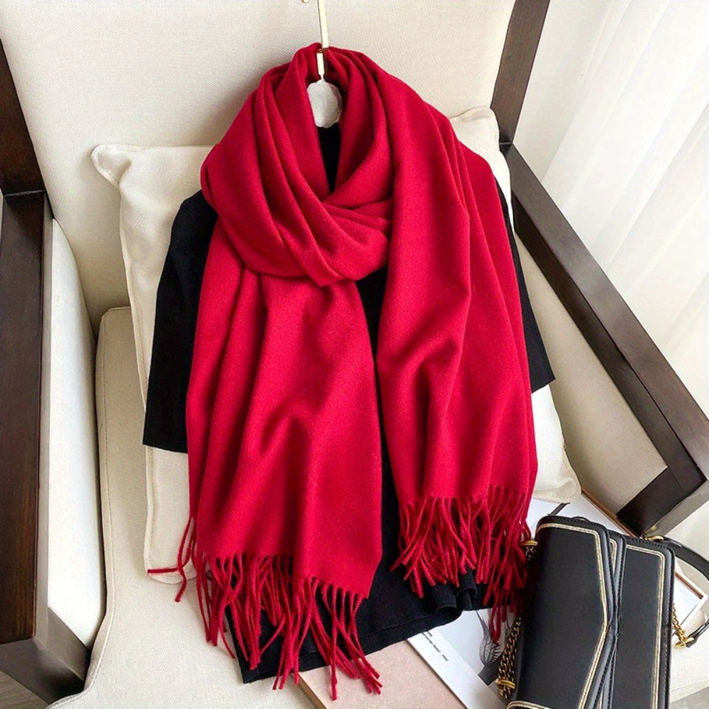 Women Black Tassel Shawl Scarf Thick Plush Wool Feel Double-Sided Cashmere Autumn Winter