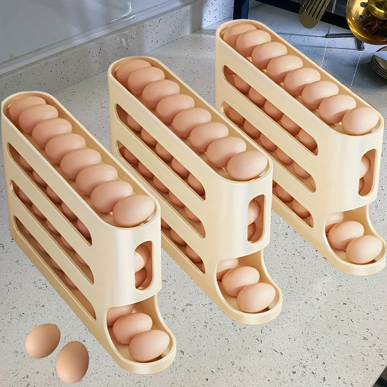 Bandeja de almacenamiento para huevos de nevera, plástico de grado alimentario, beige, organizador de 3 niveles