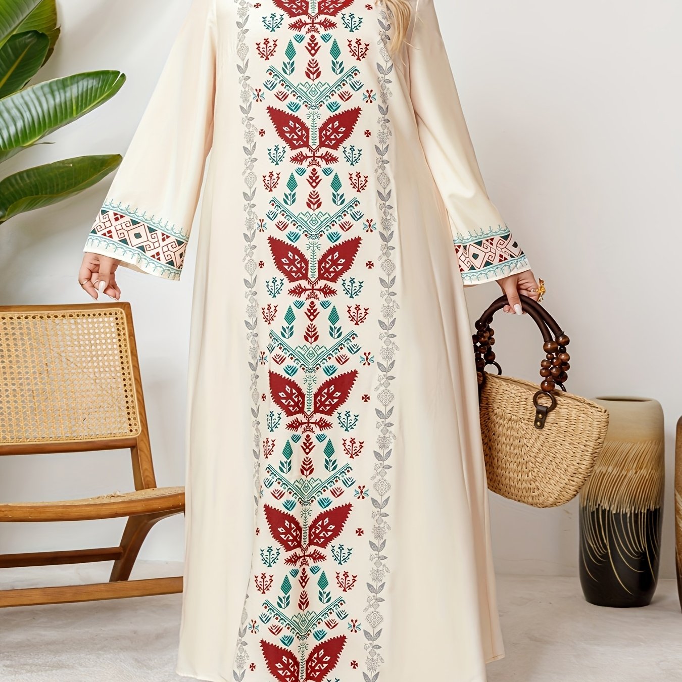 Ayollar uchun polyester tunika kiyi, tasodifiy bosma, kruj bo'yinli, barcha mavsumlar uchun