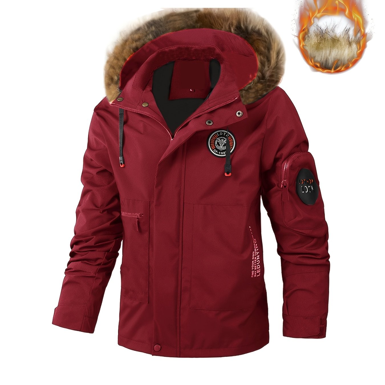 Chaqueta de vuelo de invierno para hombre talla plus, en rojo, con capucha desmontable, ribete de piel sintética, bolsillos, para exteriores y uso casual