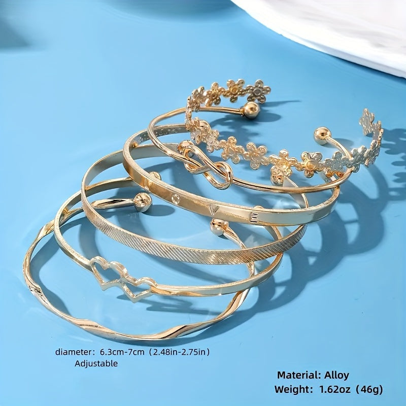 6 ta zamonaviy bilaguzuklar to'plami, gullar, tugunlar va yurak dizaynlariga ega. Ularni kundalik kiyimlaringiz yoki bayram kiyimlaringiz bilan birlashtiring. Ushbu sozlanadigan zargarlik buyumlari har qanday ko'rinishni bezatish uchun mukammaldir.