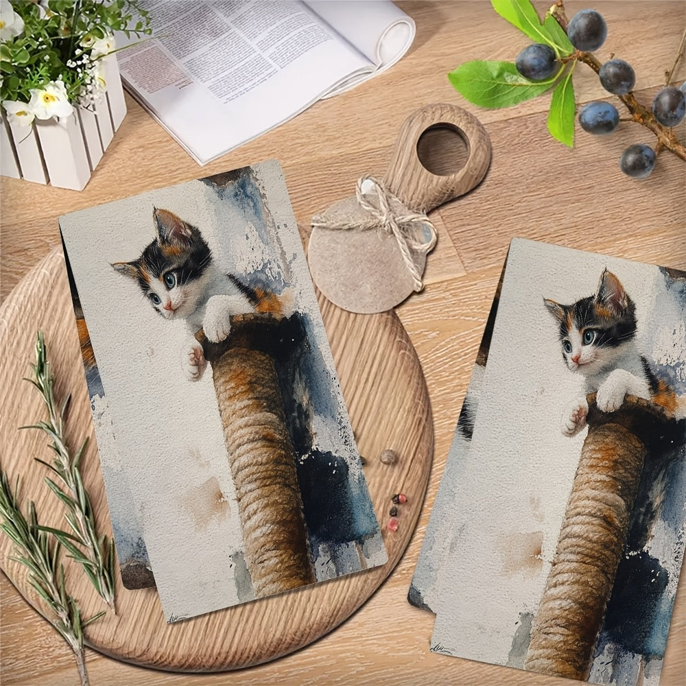 2 Ultra Soft Kitchen Towels Kitten Cat Tree Design 16x24 Inches Absorbent