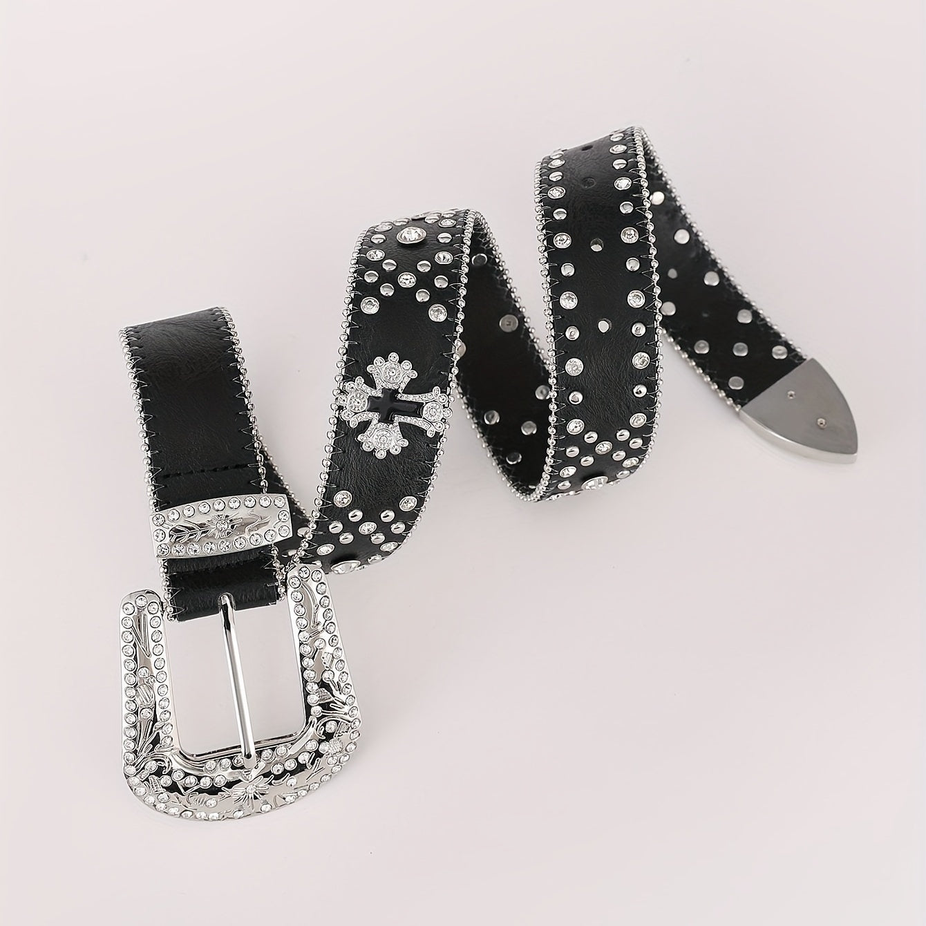 Cinturón unisex de cuero brillante con incrustaciones de rhinestones, hebilla tallada, remaches cruzados y diseño con tachuelas para hip hop, Y2K, vaqueros y pantalones