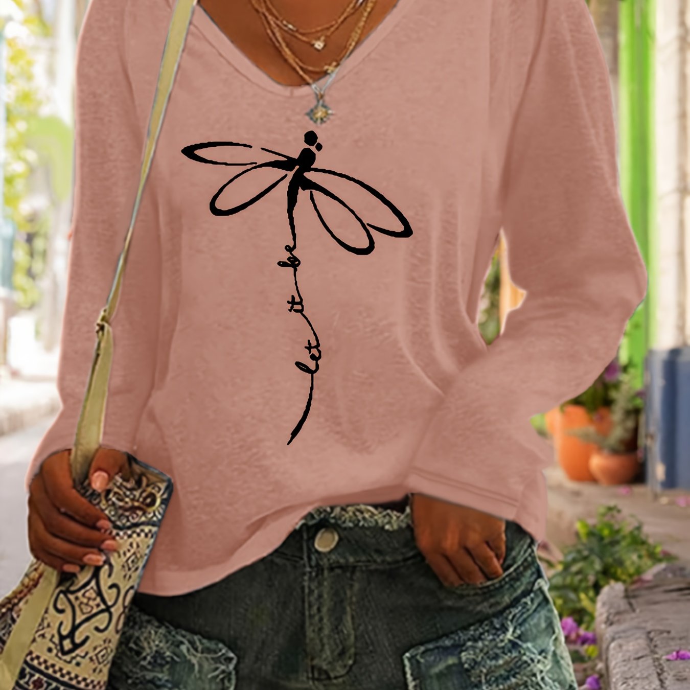 Plus Size Women’s Dragonfly Print V-Neck Long Sleeve T-Shirt for Spring Fall