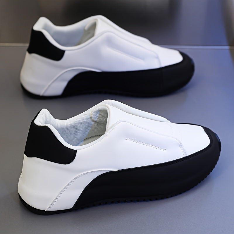 Men's Casual Slip-On Sneakers Black White Thick Sole Height Boosting Low Top Round Toe All-Season