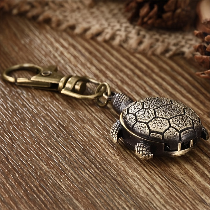 Women's Vintage Turtle Flip Cover Keychain Watch with Quartz Movement and Cartoon Pendant