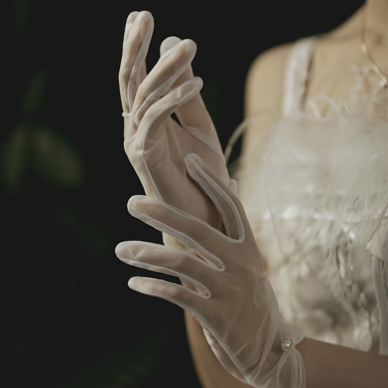 Vintage Bridal Gloves White Black Lace Faux Pearl Wedding Accessories