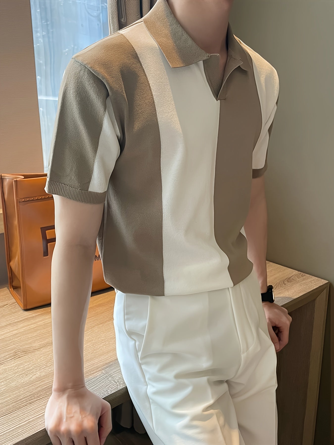 Men's Color Block Short Sleeve Lapel Golf Shirt Summer Rayon High Stretch Casual Regular Fit