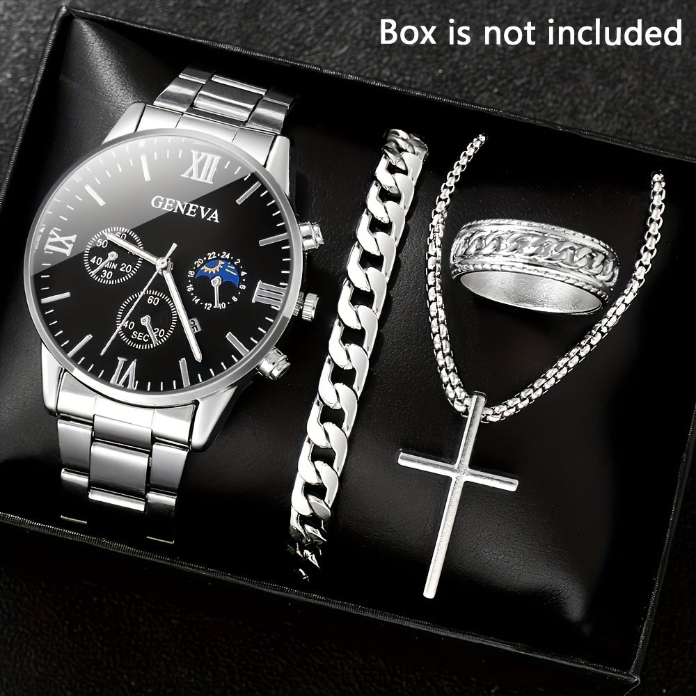 Men's Casual Watch and Jewelry Set with Silver Quartz Watch Cross Pendant Necklace Ring Bracelet