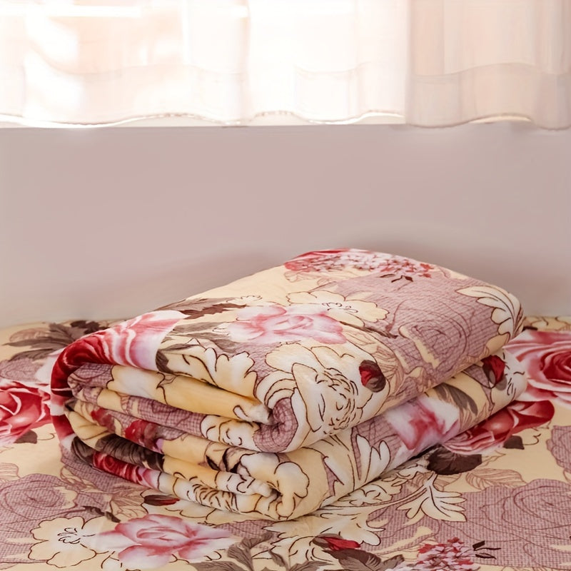 Manta de franela con estampado floral, cálida y suave para hogar, oficina, camping y viajes, 1 pieza