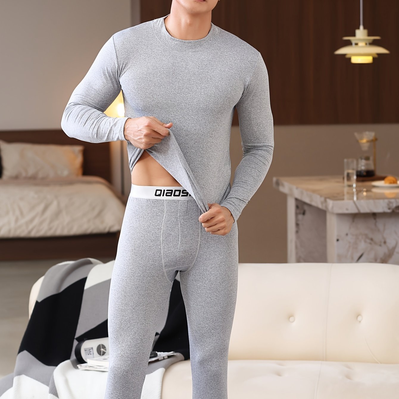 Conjunto de ropa interior térmica para hombre, forrado de felpa, de color sólido y ajuste elástico para invierno