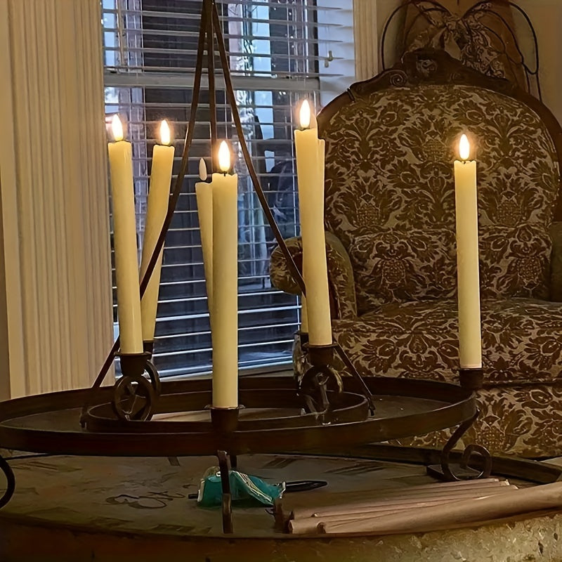 Six Modern LED Taper Candles with Flickering Flame Effect Remote Control Timer Adjustable Lighting Battery-Operated