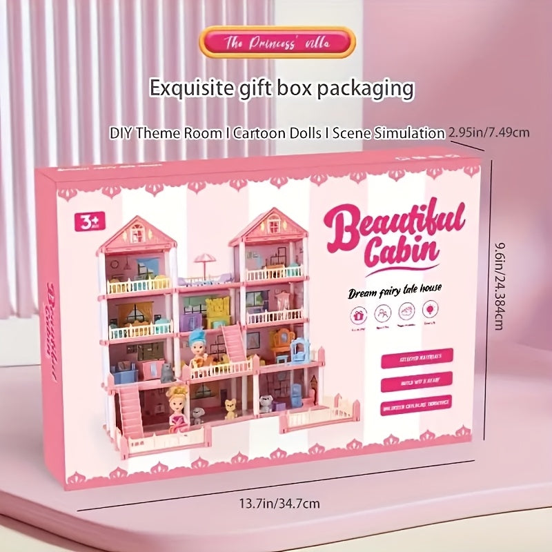 Luxury 4-Story Dollhouse Set with 4 Dolls and Accessories for Children Ages 3+ Pink or Blue
