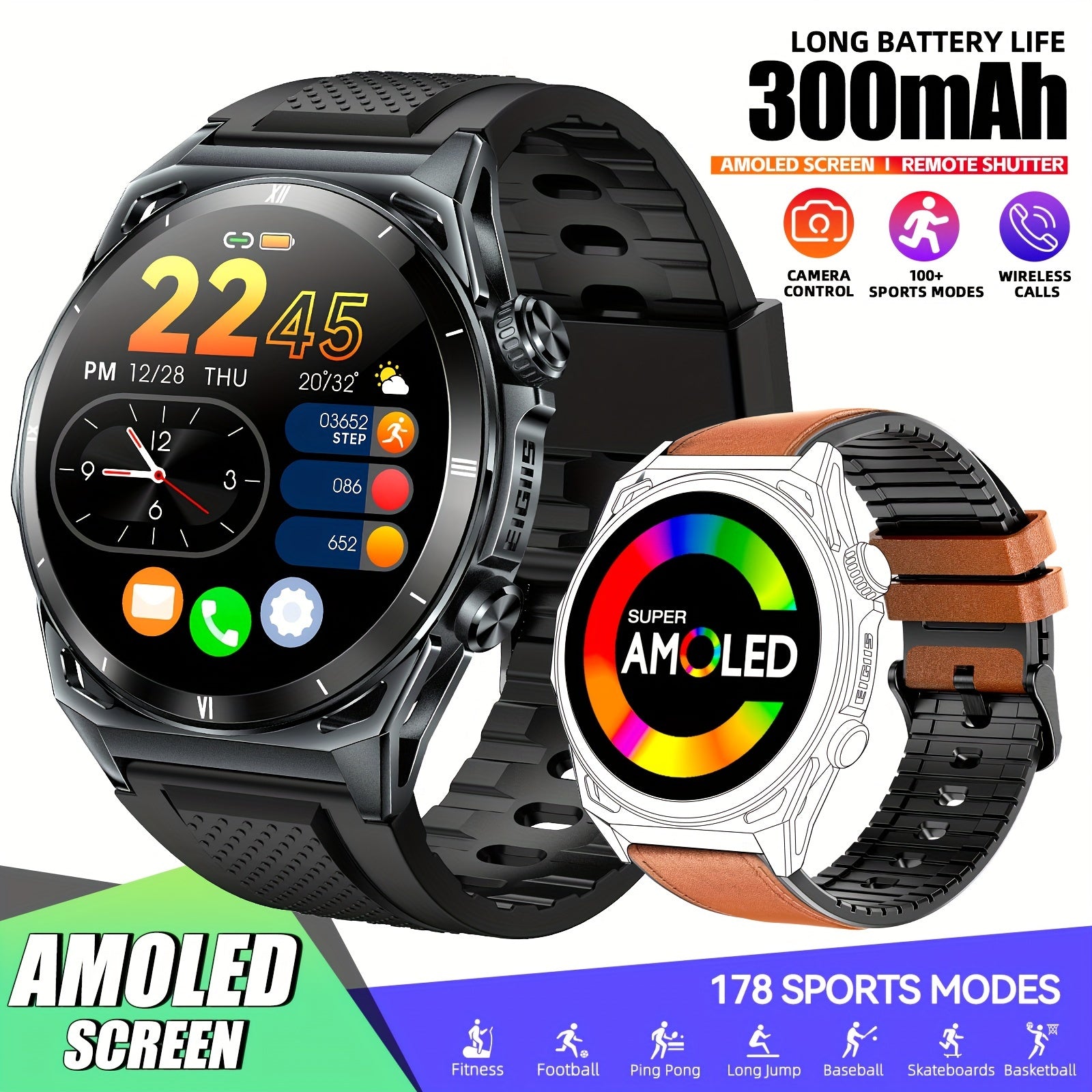 Men's Smartwatch with AMOLED Display 3.63cm Fitness Tracker Call Answering Music Control