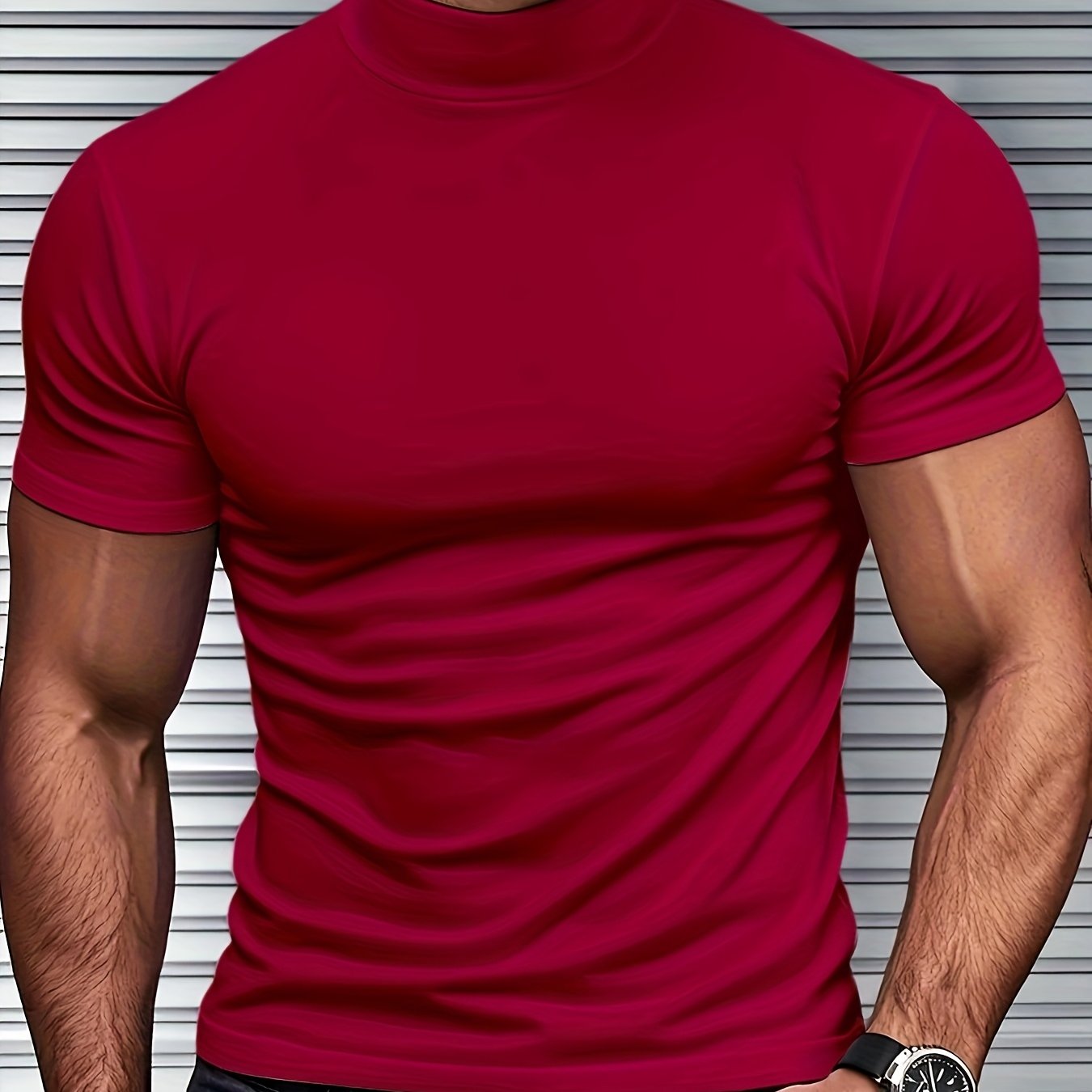 Men's Slim Fit Short Sleeve T-Shirt with Stand Collar Breathable Polyester Spandex for Gym and Outdoor Activities