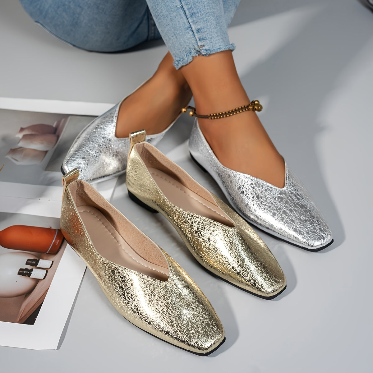 Women's Square Toe Flat Shoes Leather Low Heel Comfortable Work Shoes