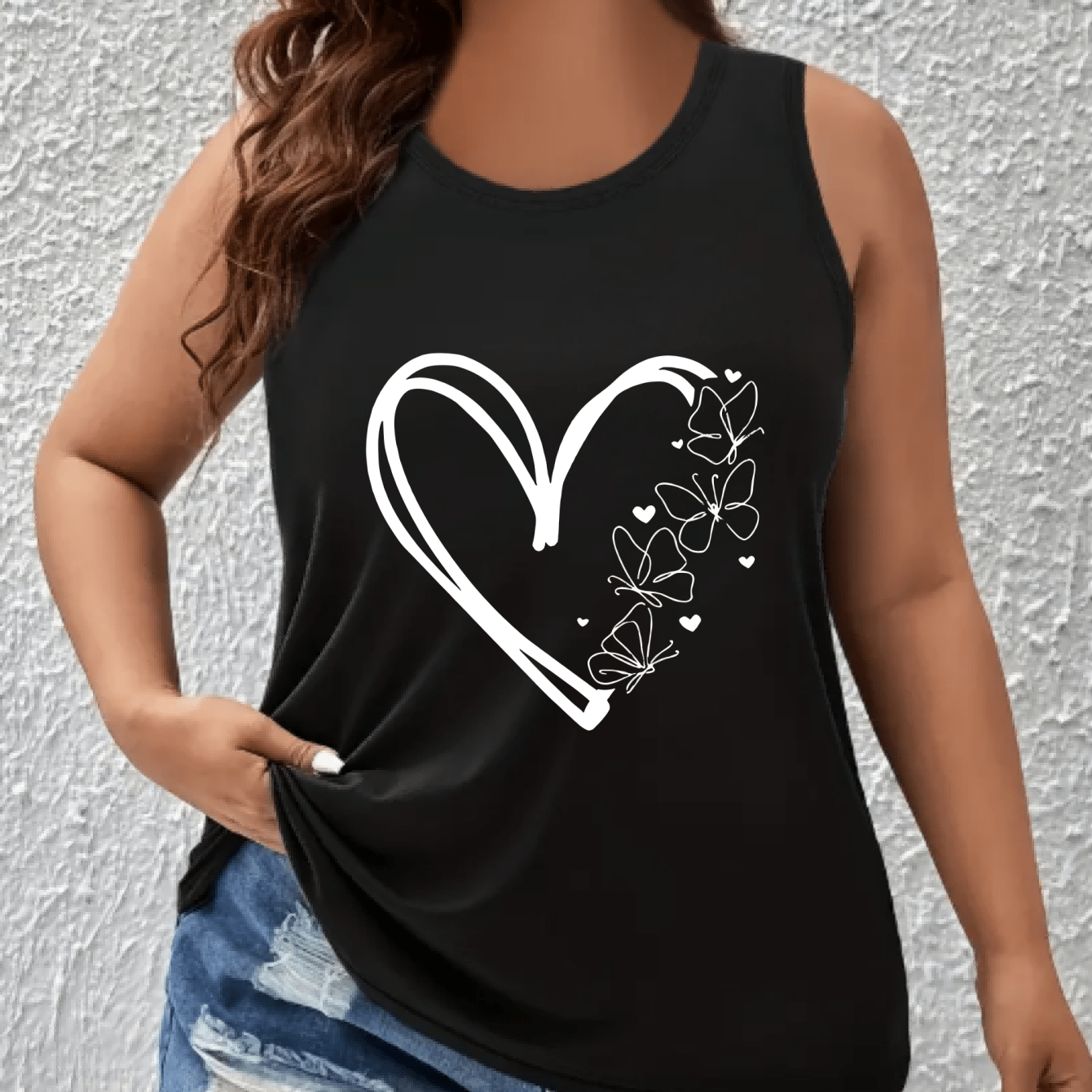 Plus Size Womens Navy Blue Tank Top with Heart and Butterfly Design Sleeveless Activewear