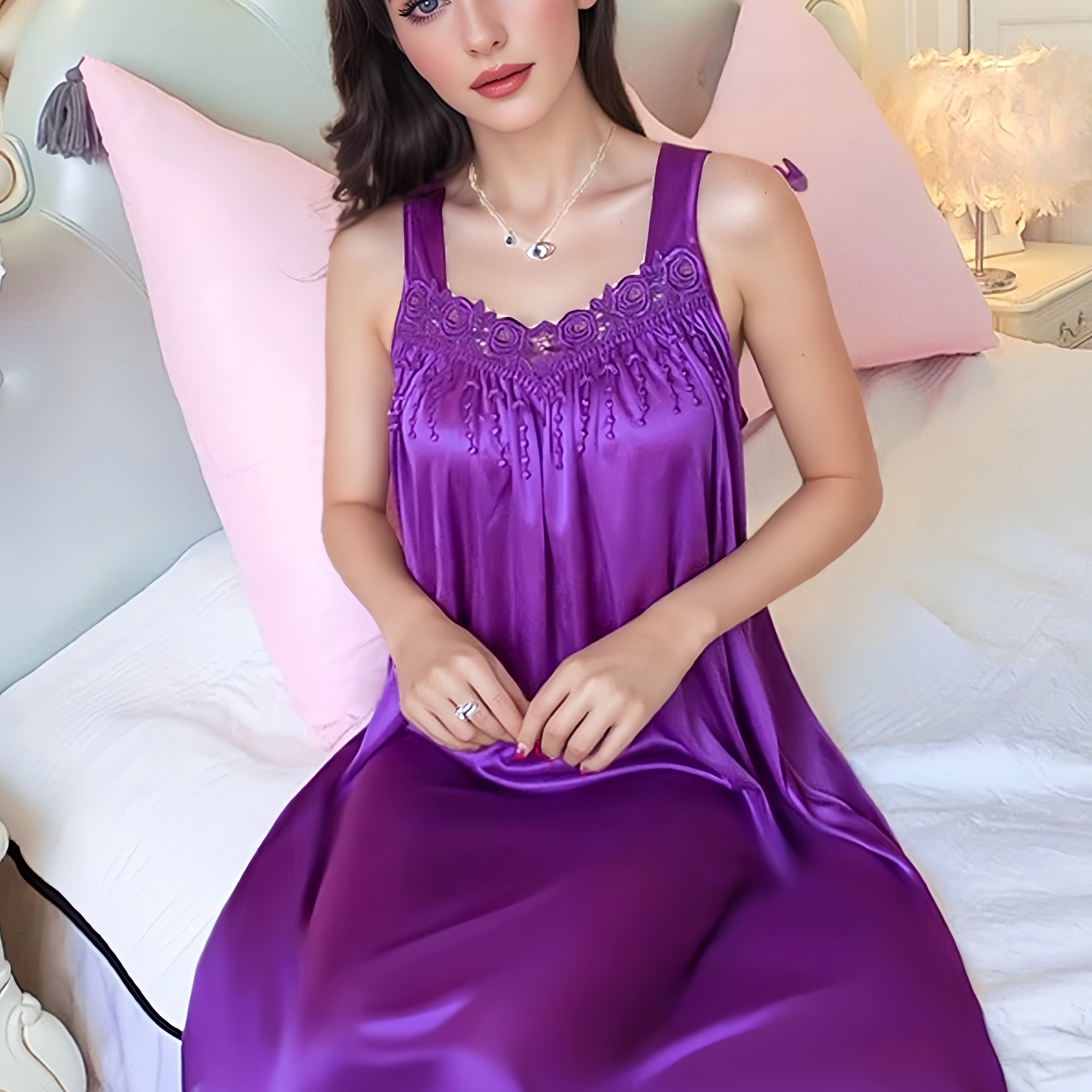 Plus Size Women's Spaghetti Strap Silk Sleep Dress Red Lounge Nightgown