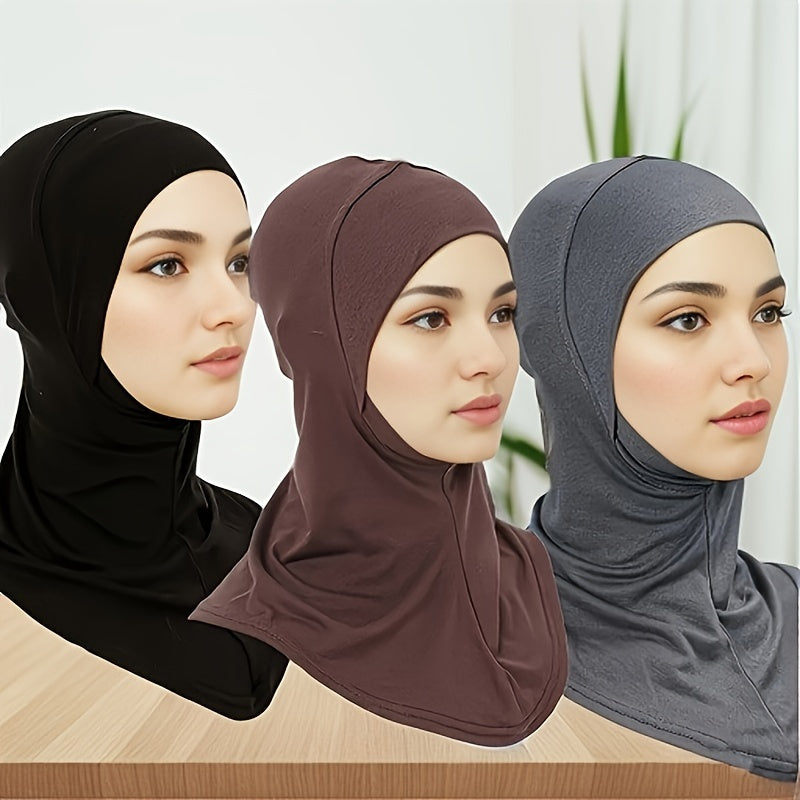 Women’s Elastic Modal Hijab Caps Pack of 3 Breathable Polyester Solid Color Head Wraps with Snap Closure