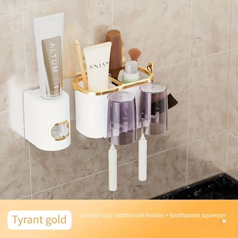Wall-Mounted Plastic Toothbrush Holder with Toothpaste Squeezer Bathroom Organizer