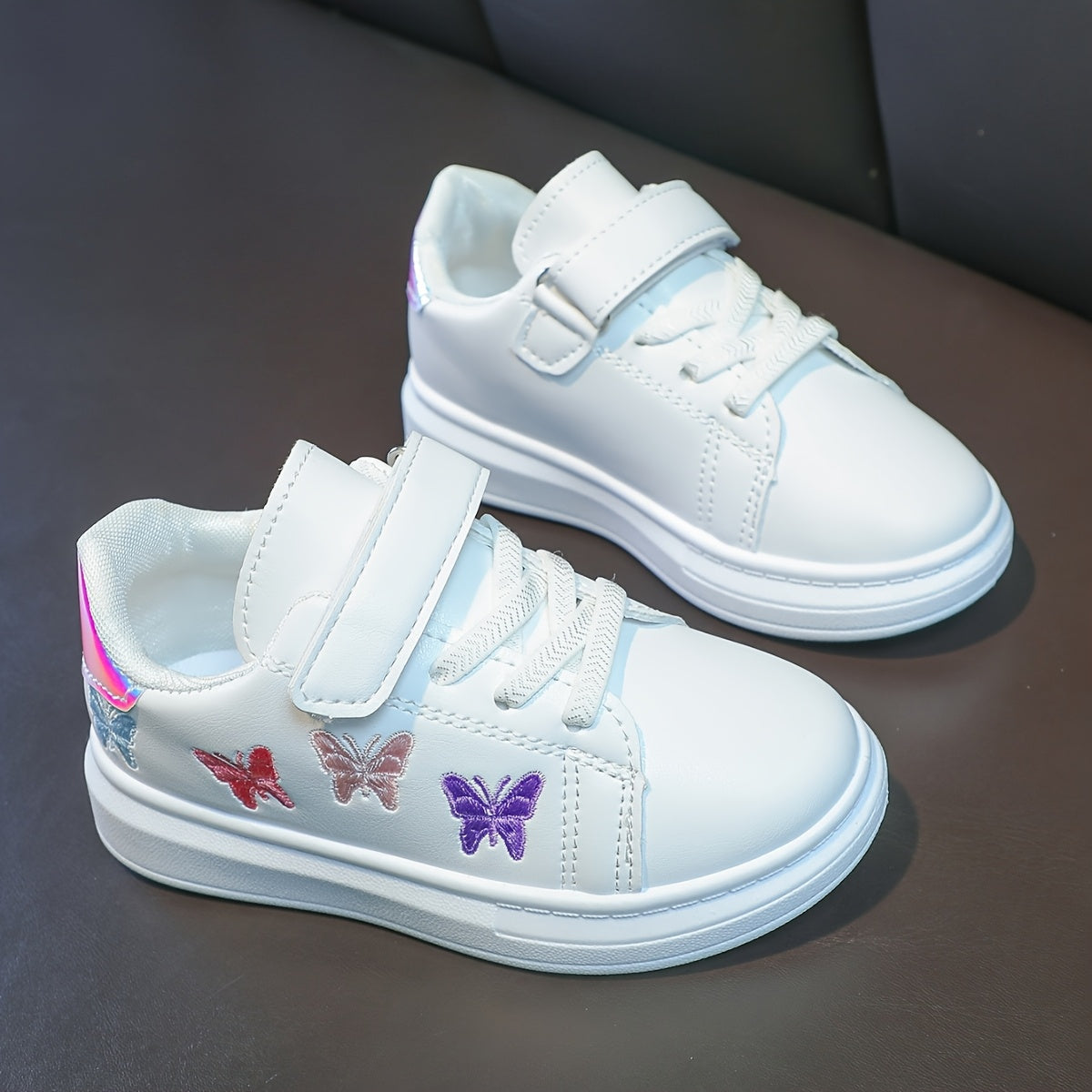 Girls White Sneakers with Strap Embroidered Butterfly Low Top Rubber Sole