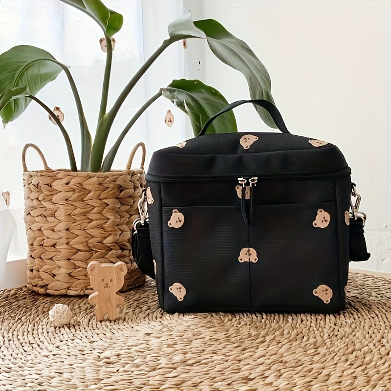 Animal Print Linen Diaper Bag with Insulated Stroller Organizer and Multiple Storage Compartments