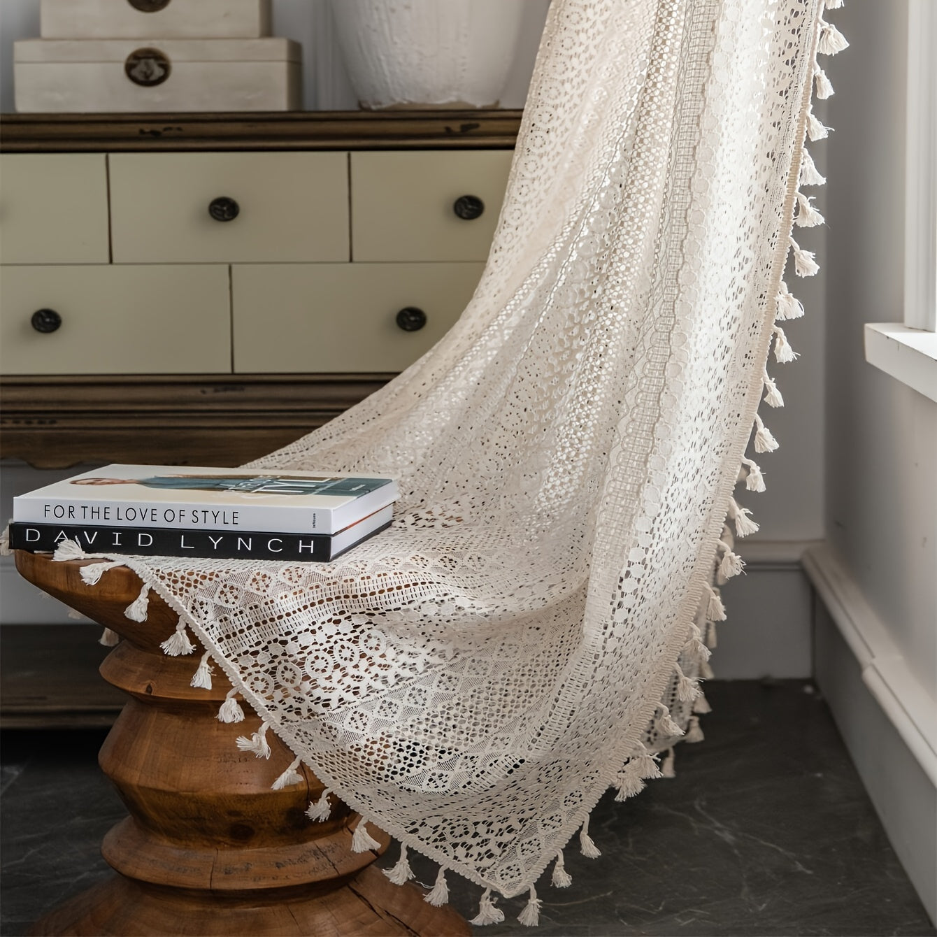 Bohemian Style Pop Hollow Curtains Beige Tassel Translucent Curtain Set for Living Room Bedroom