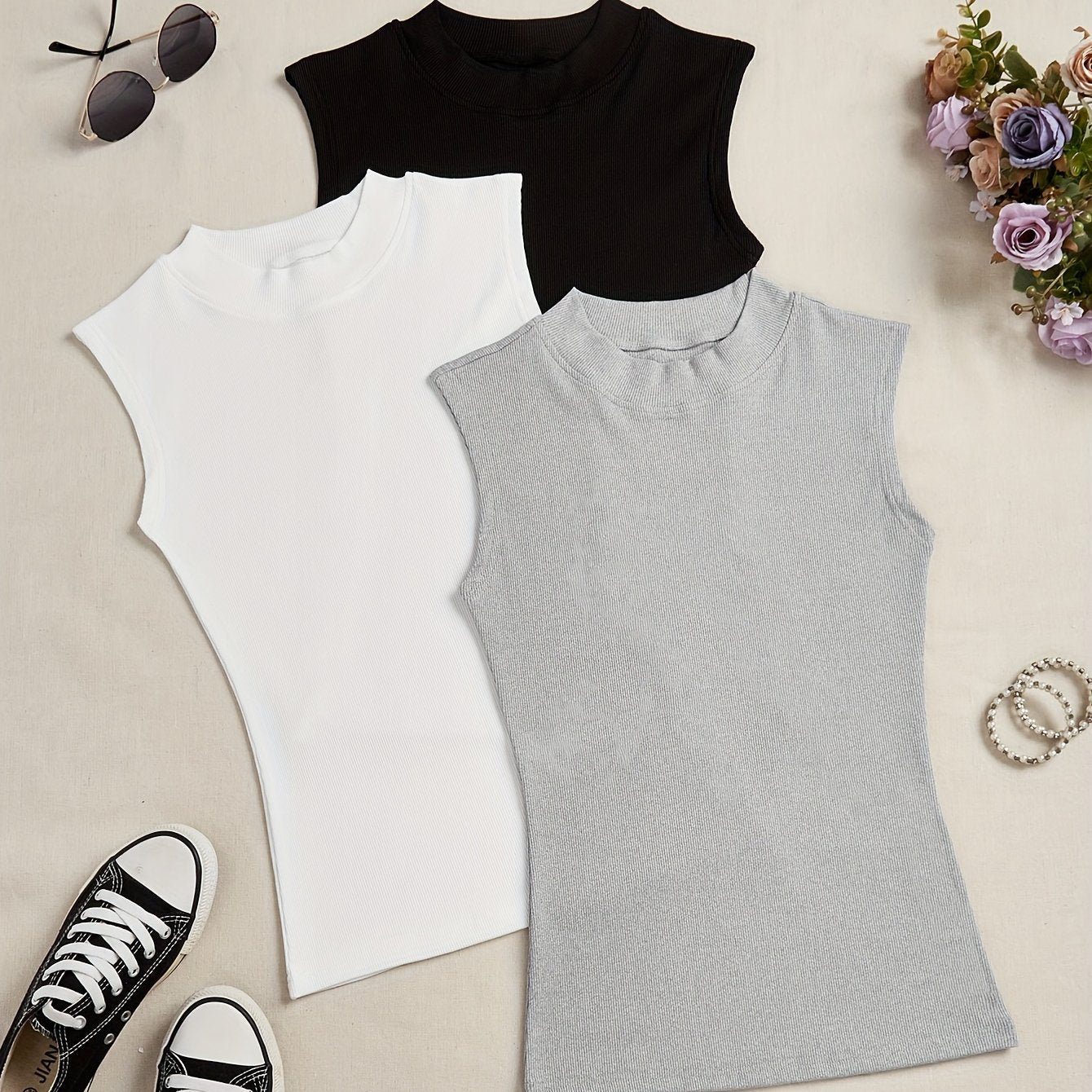 Women's Sleeveless Tank Tops 3-Pack Solid Color High Stretch Casual Summer