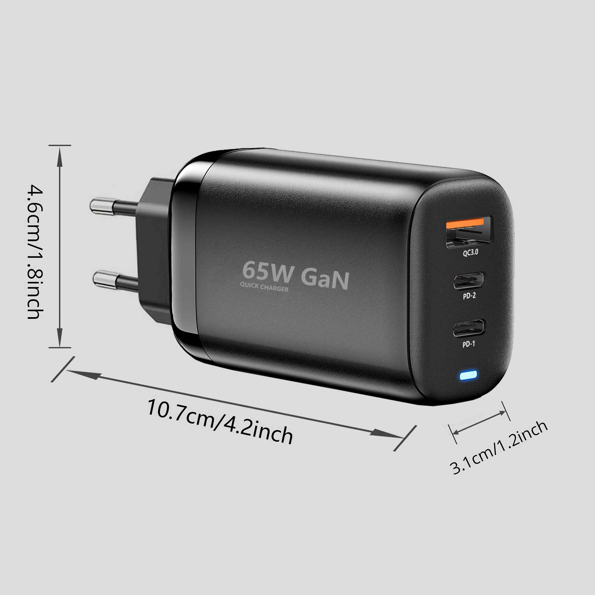 GaN Fast Charger 65W USB C with 3 Ports for Laptops, iPad, Galaxy, iPhone