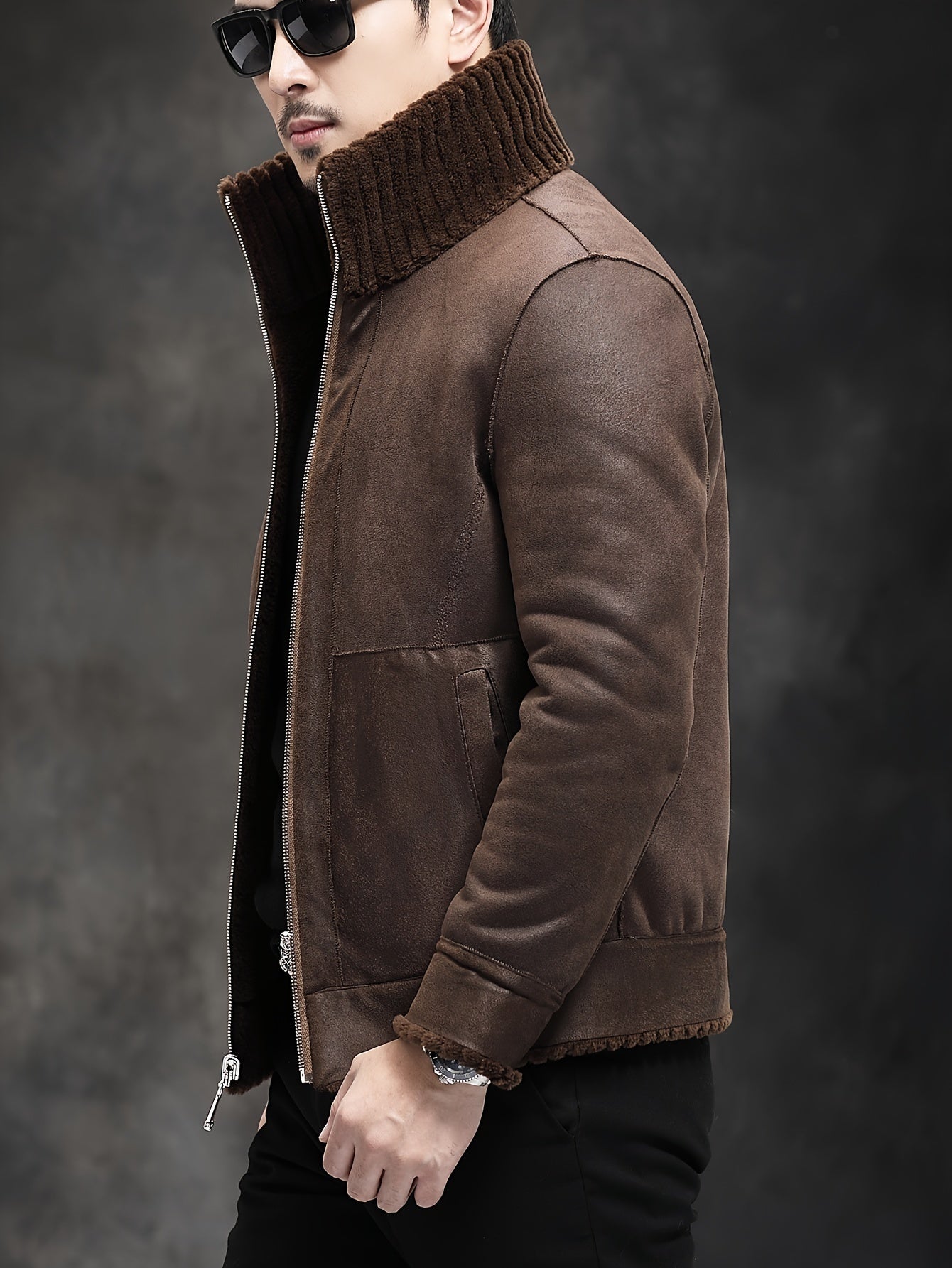 Men's Faux Fur Jacket Wool Polyester Solid Stand Collar Zipper Cold Resistant Outdoor