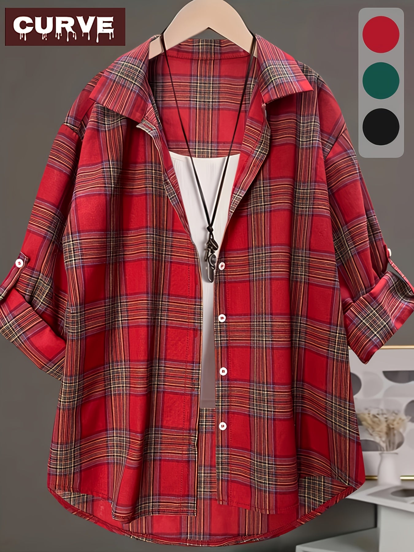 Plus Size Plaid Long Sleeve Shirt with Lapel Collar for Women