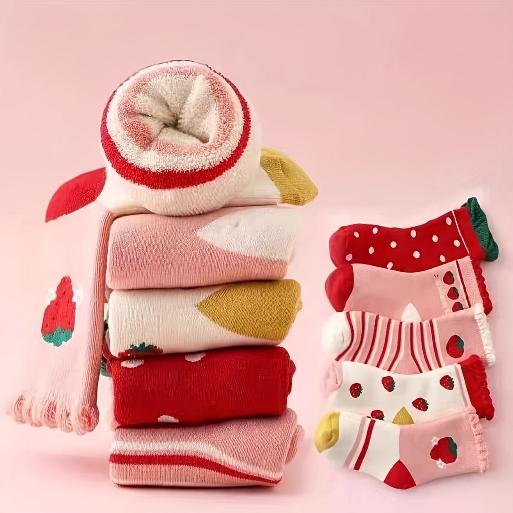 Children's Socks 5 Pairs Breathable Strawberry Style Knit Fabric Multicolor